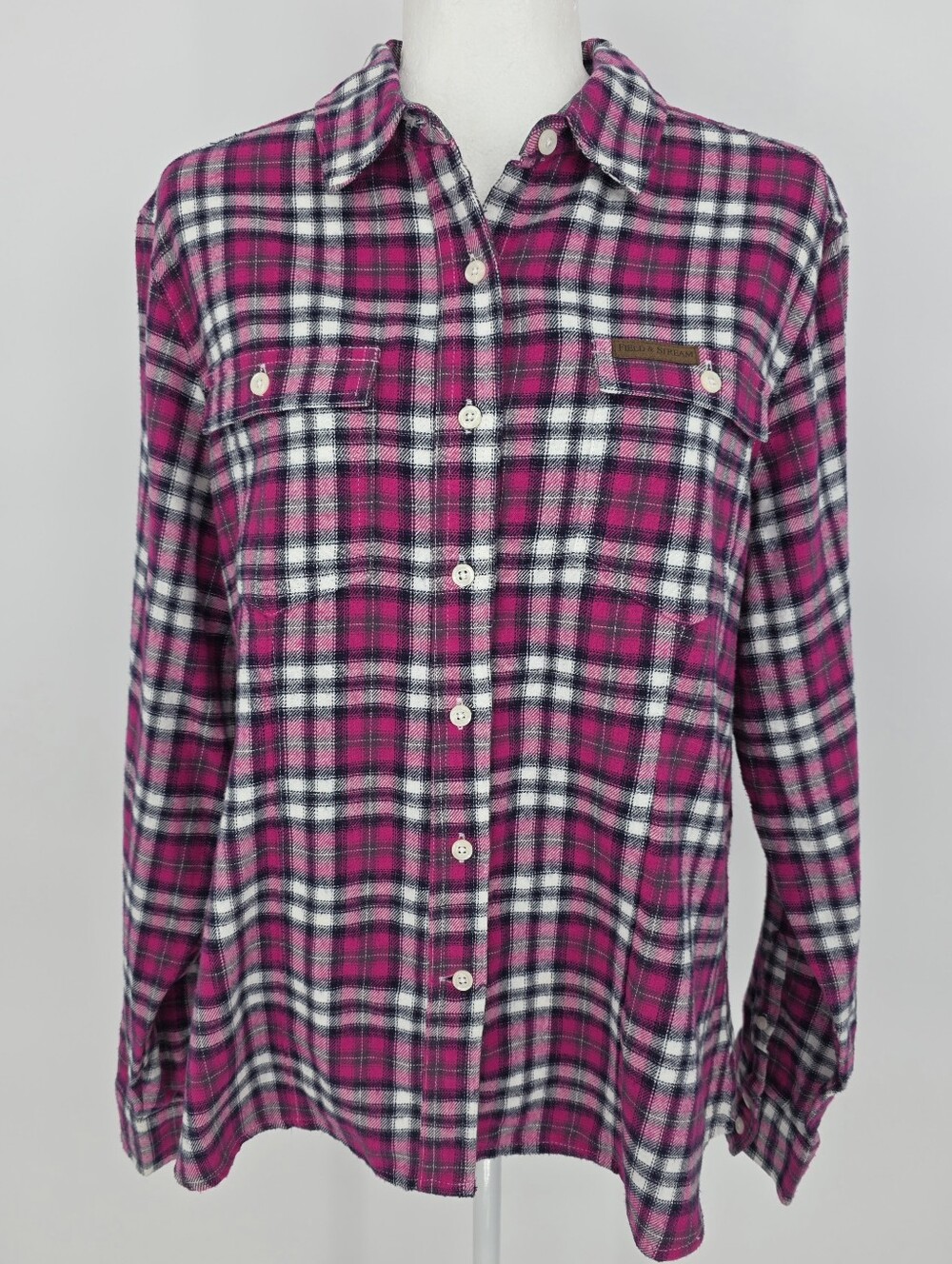 Field & Stream Pink Plaid Flannel Shirt XL 100% Cotton Button Front Outdoor